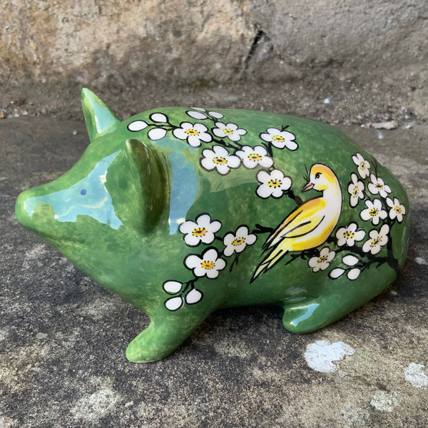 Cherry Blossom Bird Jade Green Small Pig