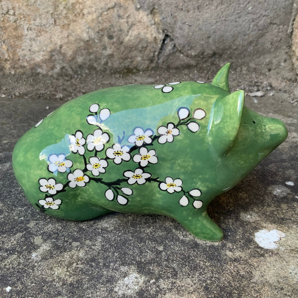 Cherry Blossom Bird Jade Green Small Pig
