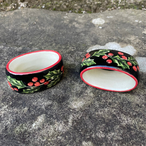 Holly Black Background Napkin Ring