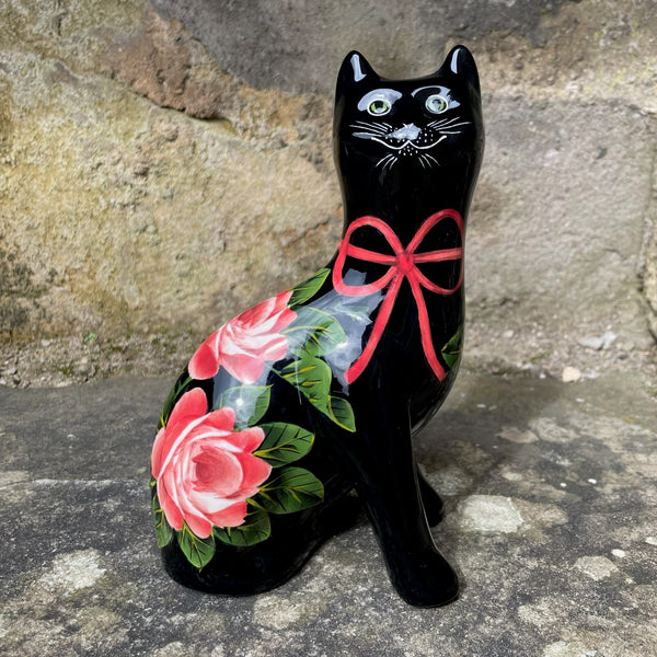Cabbage Rose Ribbon Black Small Cat