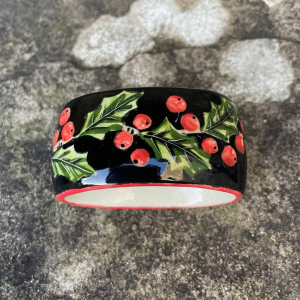 Holly Black Background Napkin Ring