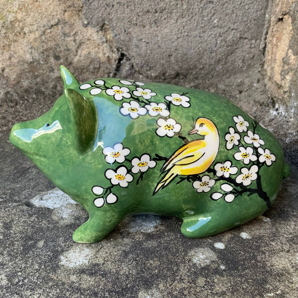 Cherry Blossom Bird Jade Green Small Pig