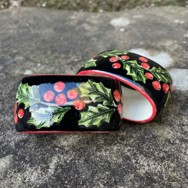 Holly Black Background Napkin Ring