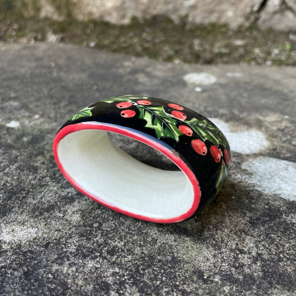 Holly Black Background Napkin Ring