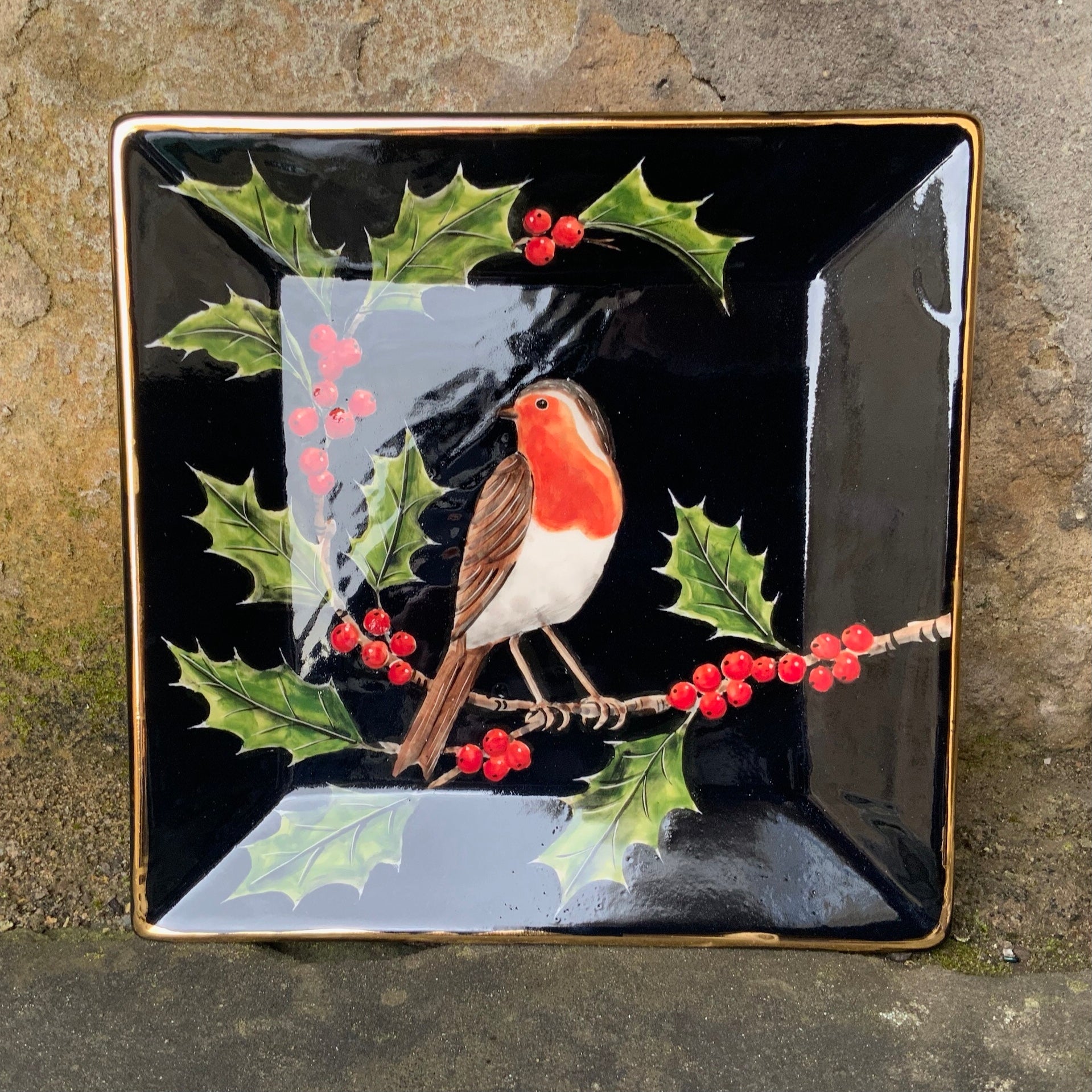 Gold Robin Holly Square Dish