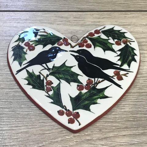 Holly Black Birds Large Hanging Heart