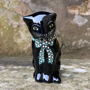 Green Spotty Bow Black Small Thinking Cat