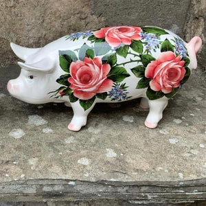 Cabbage Rose and Forget Me Not Standing Pig