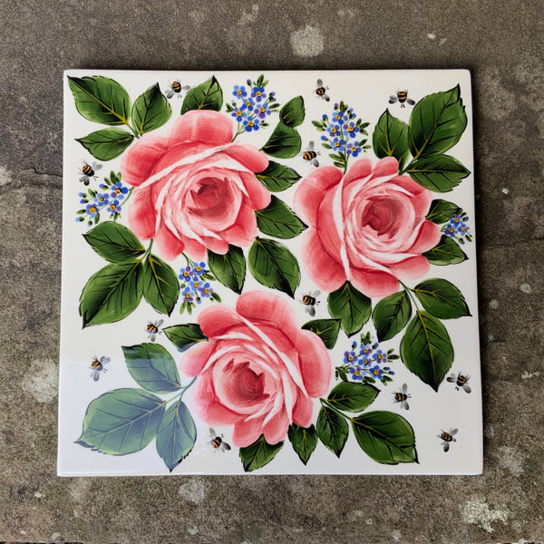 Cabbage Rose and Forget Me Not Large Tile